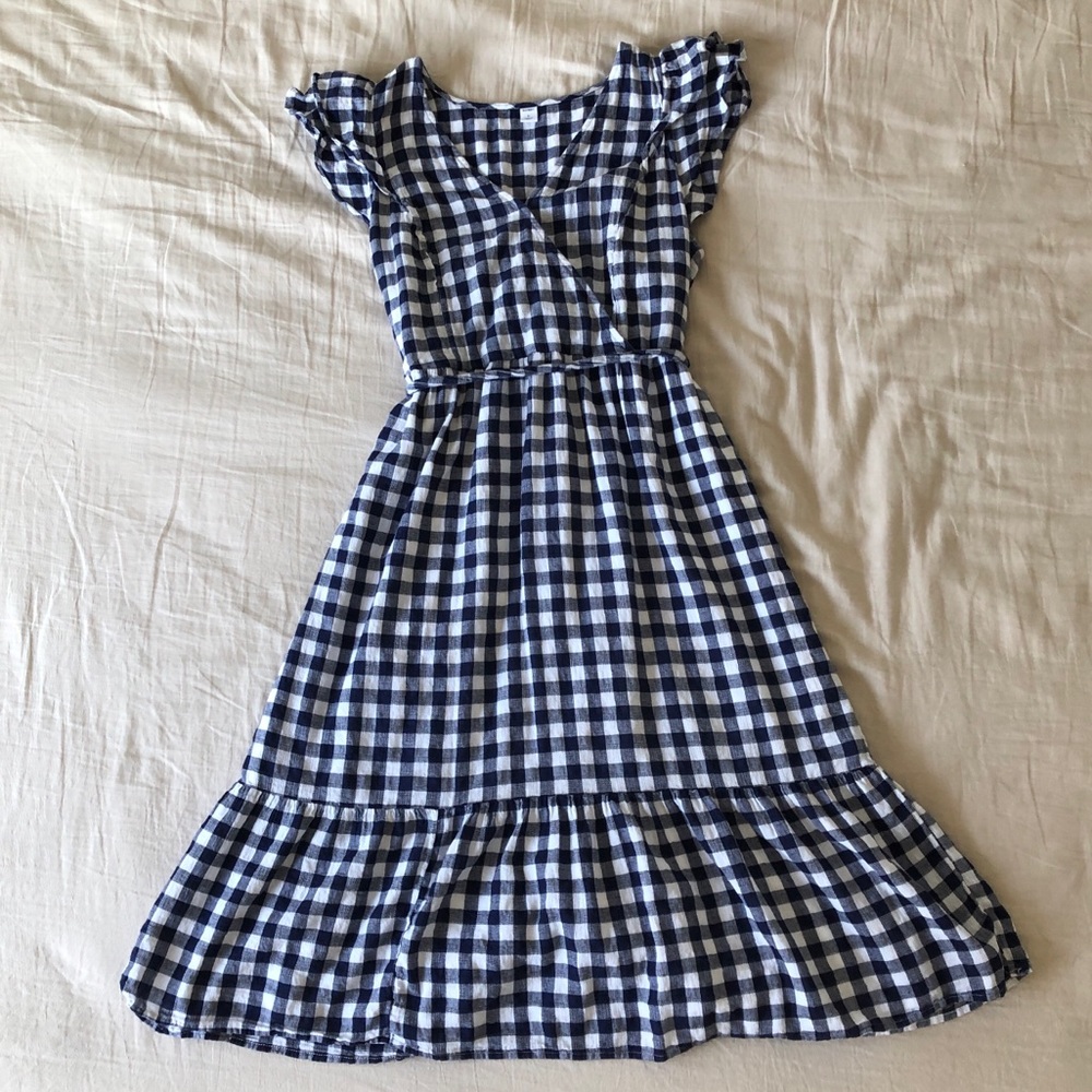 Old Navy Blue & White Gingham Midi Dress with Flutter Sleeves